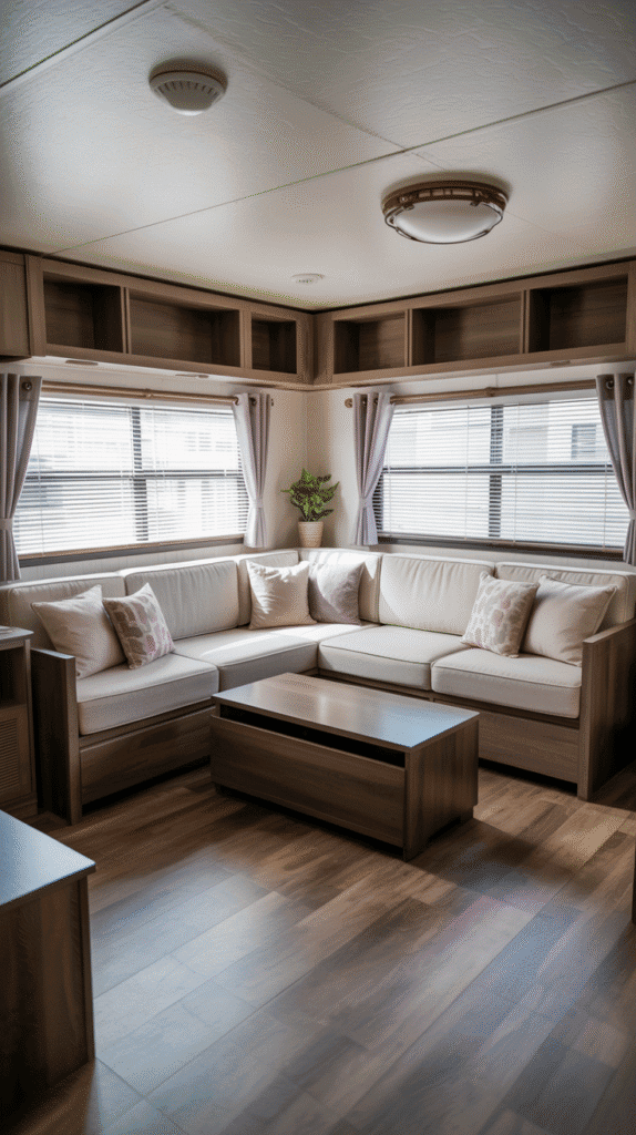 Multipurpose furniture like a storage ottoman, lift-top coffee table, and a sleeper sofa inside a well-organized mobile home living room.