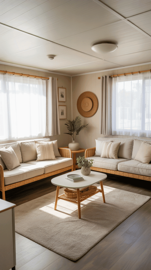 Light neutral color palette with beige walls, light wood furniture, and white curtains in a bright mobile home living room.
