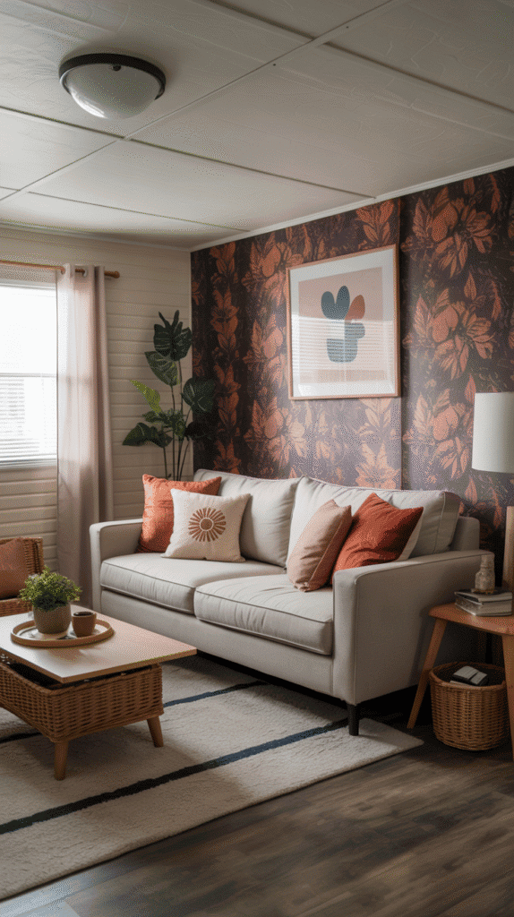An accent wall with bold peel-and-stick wallpaper behind a sofa in a mobile home living room, styled with cozy decor and throw pillows.