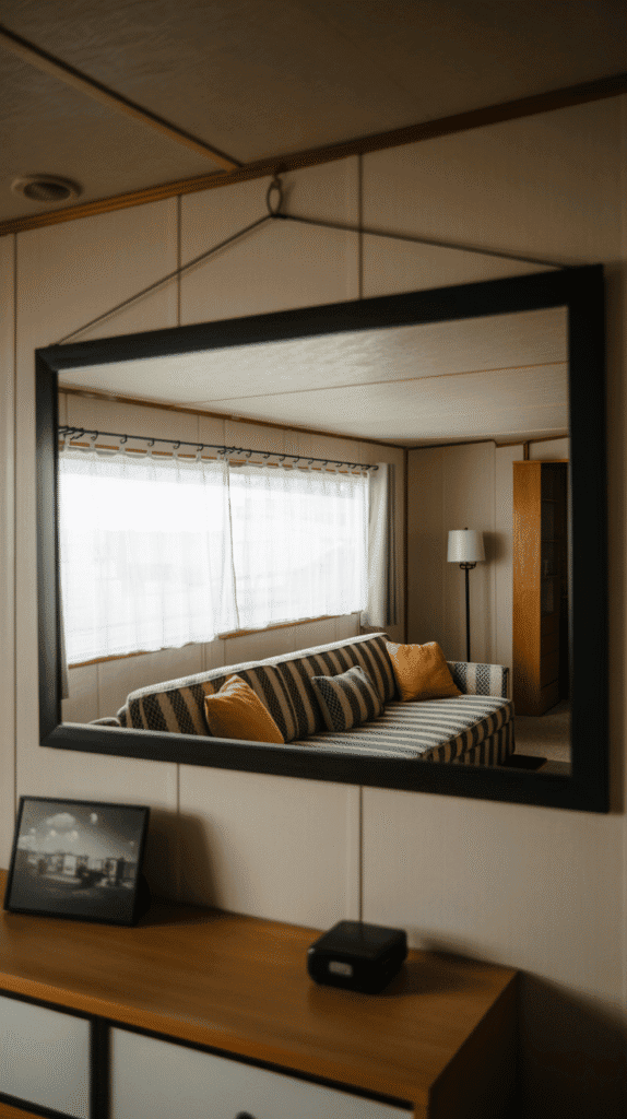 A large mirror hanging across from a window in a mobile home living room, reflecting natural light and expanding the space visually.