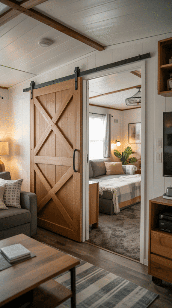A sliding barn door in a modern farmhouse-style mobile home living room, partially open to reveal a cozy adjoining room.