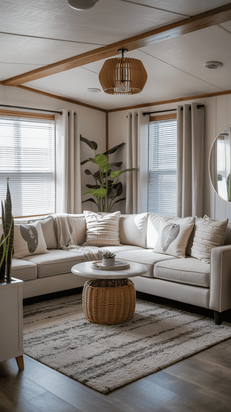 A cozy and stylish mobile home living room with neutral tones, a sectional sofa, layered lighting, and houseplants, staged for a home decor magazine cover.