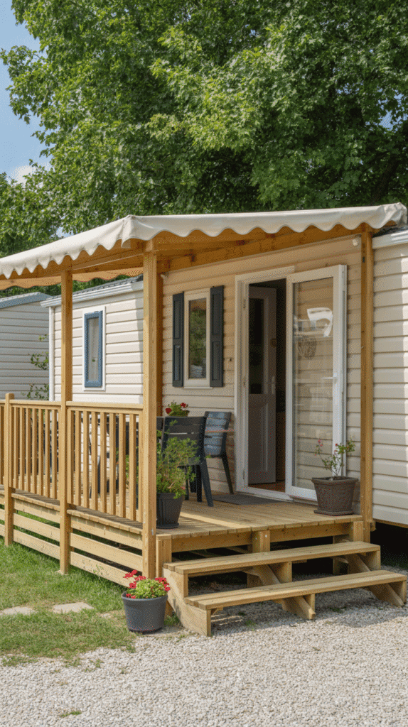DIY wooden front porch mobile home outdoor ideas featuring welcoming entrance with railings and decorative elements