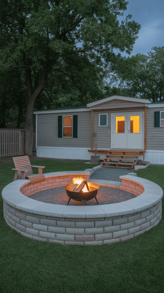 Simple fire pit area mobile home outdoor ideas featuring circular stone design with seating and gravel surround