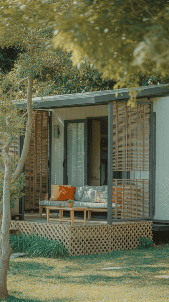 Privacy screens and panels mobile home outdoor ideas showing lattice or bamboo screening for intimate outdoor spaces