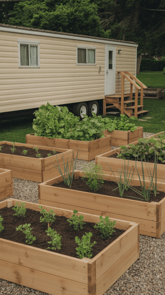 Raised garden beds mobile home outdoor ideas featuring wooden construction with vegetables and herbs growing