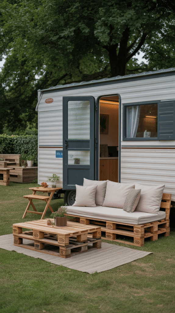 Pallet outdoor furniture mobile home outdoor ideas showcasing DIY sofa and table construction with comfortable seating