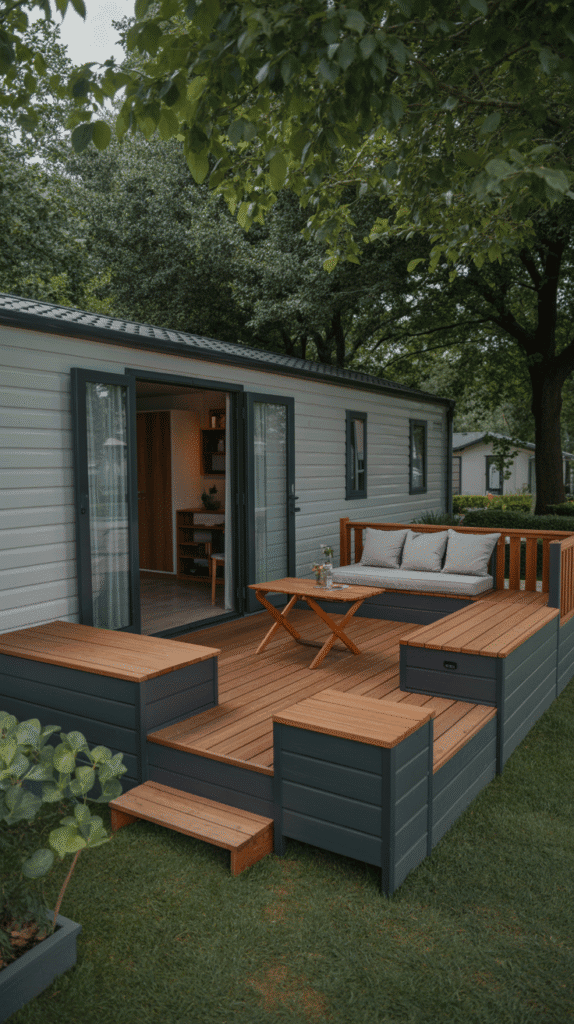 Decorative outdoor storage mobile home outdoor ideas featuring stylish benches and boxes with dual-purpose functionality