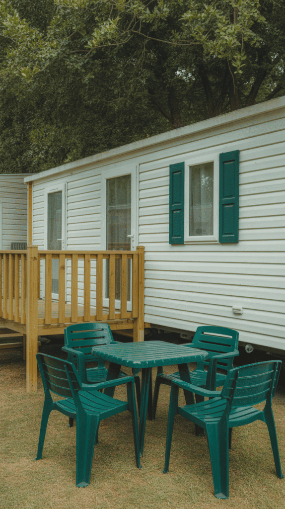 Painted and refreshed elements mobile home outdoor ideas showing renewed furniture and fixtures with fresh colors