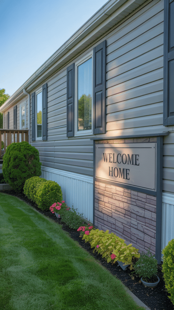 Decorative faux stone skirting mobile home outdoor ideas showing foundation upgrade and improved curb appeal