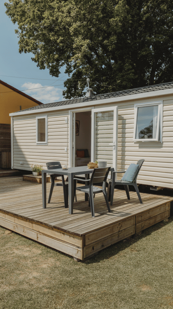 Simple wooden deck extension mobile home outdoor ideas featuring rectangular design with outdoor furniture arrangement