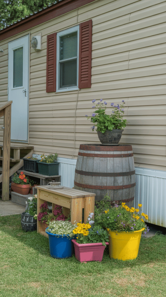 Colorful container garden mobile home outdoor ideas showcasing planters, barrels, and lush flowering displays