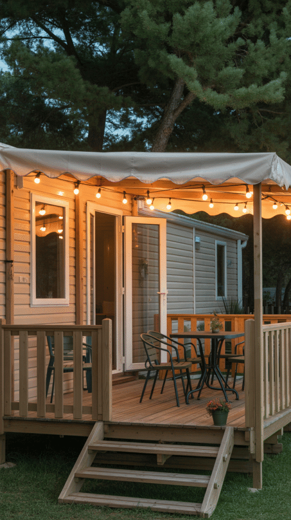 Ambient string lighting mobile home outdoor ideas creating warm evening atmosphere on porch and deck areas