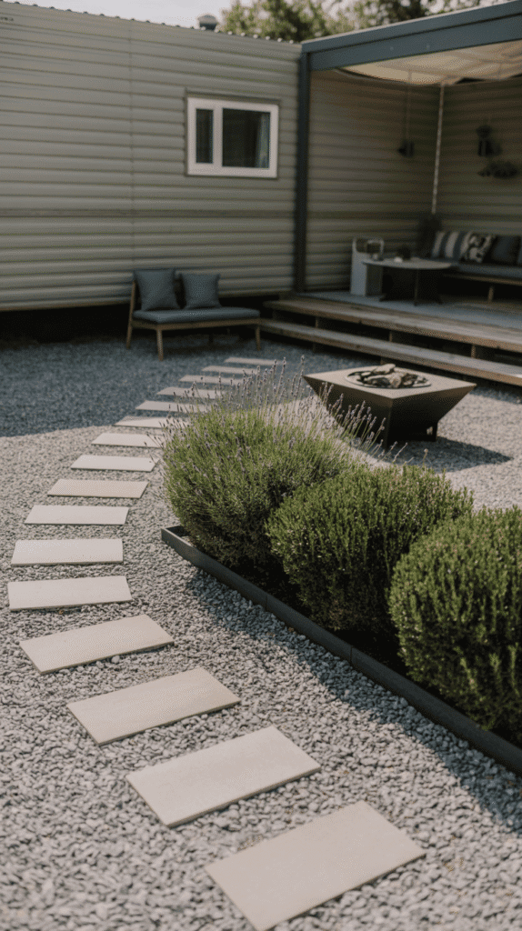 Gravel patio with pavers mobile home outdoor ideas showing affordable outdoor entertaining space with defined borders