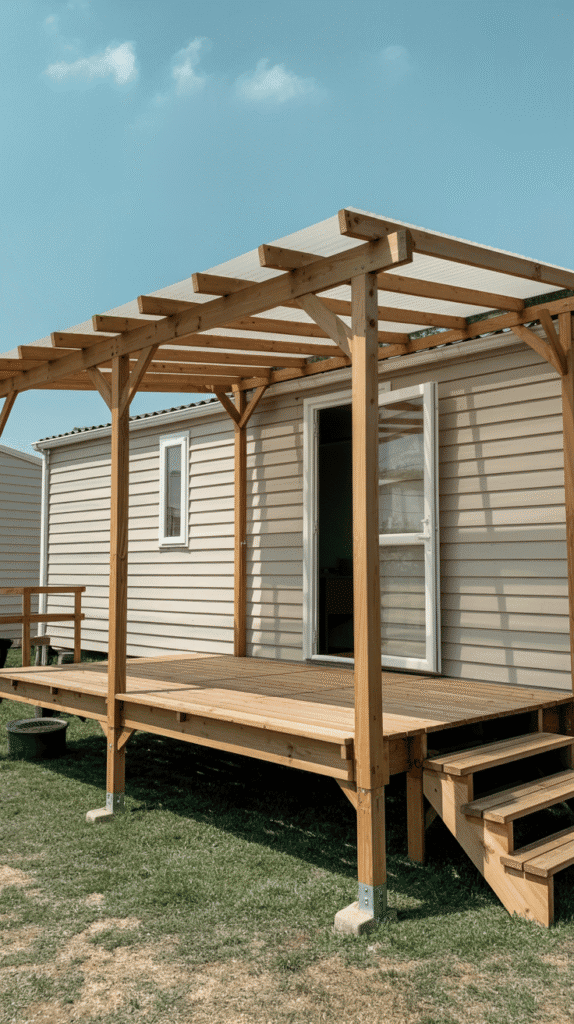 Simple wooden pergola mobile home outdoor ideas featuring clean rectangular design and natural wood construction