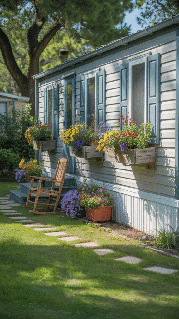 Window boxes and planters mobile home outdoor ideas displaying colorful seasonal flowers and decorative mounting solutions