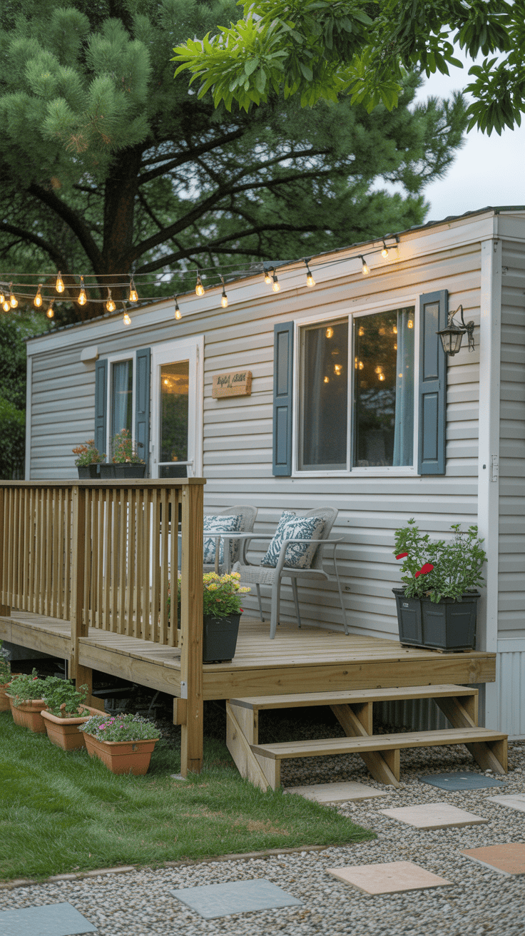 Stunning mobile home outdoor ideas showcasing budget-friendly transformations including deck, gardens, and decorative elements