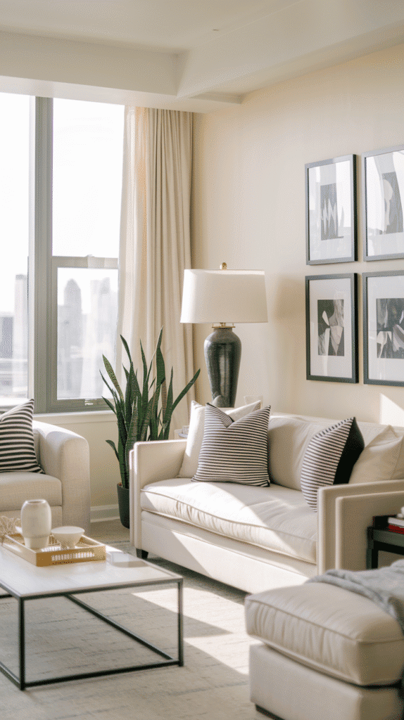 Black accents in small modern neutral living room