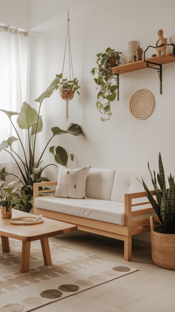 Plants and natural decor in a modern neutral small living room