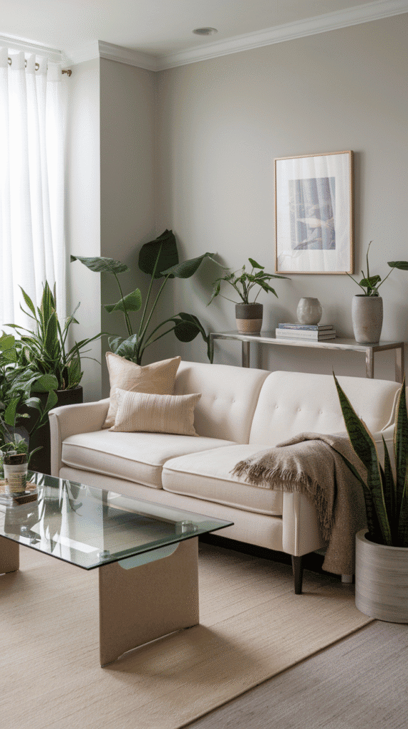 Streamlined furniture in small modern neutral living room