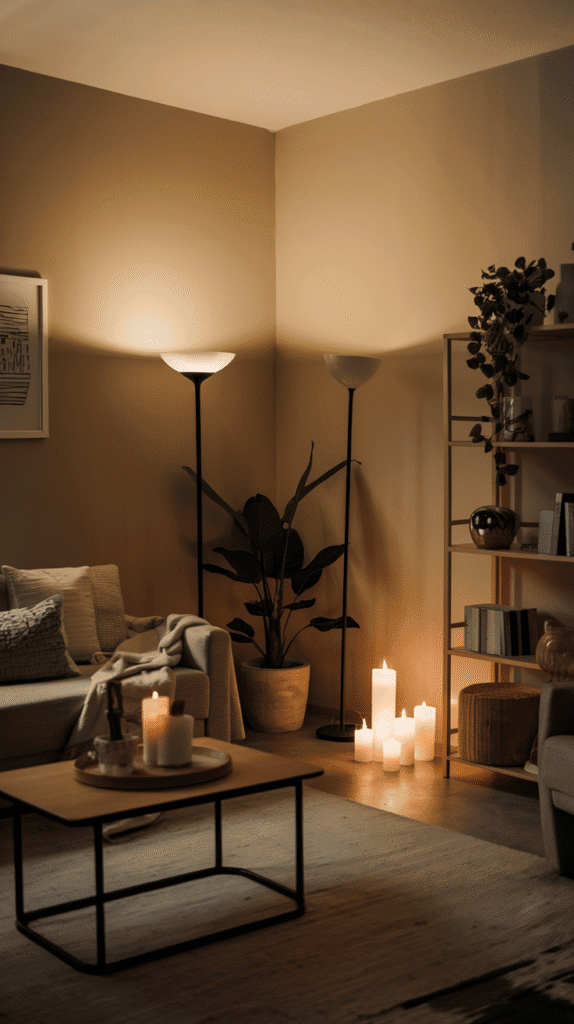 Warm layered lighting in a modern neutral small living room