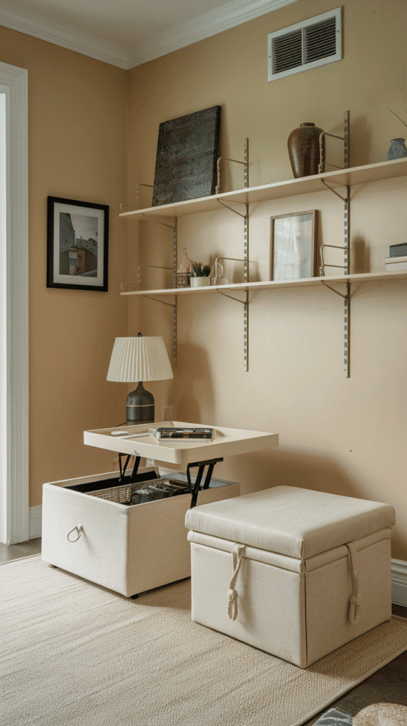 Multifunctional furniture in a small modern neutral living room