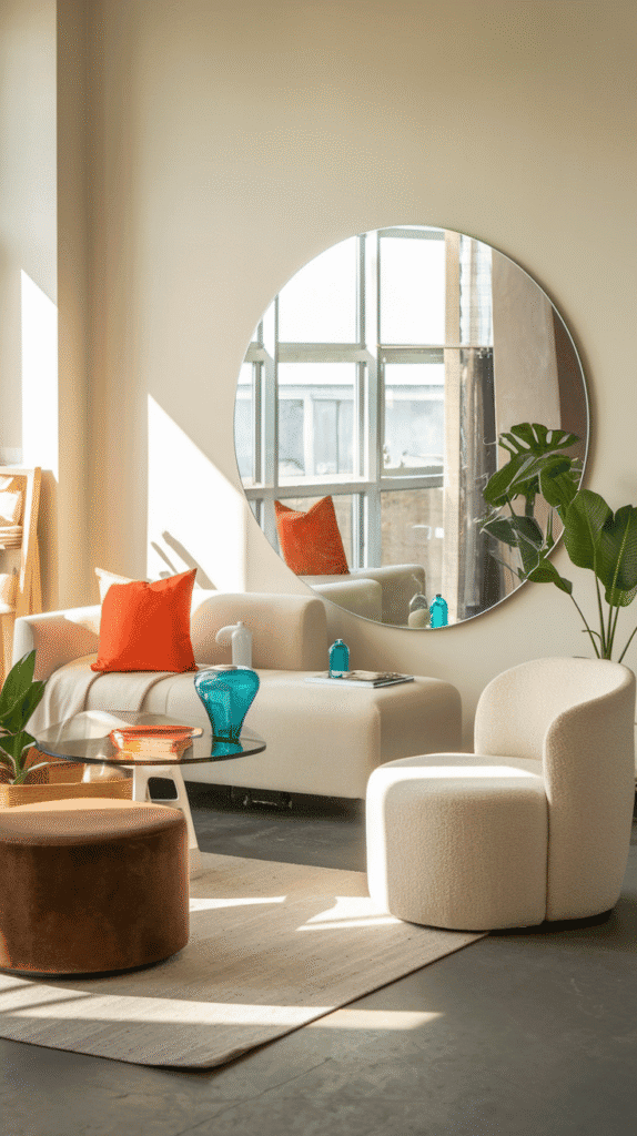 Mirrors expanding a small modern neutral living room