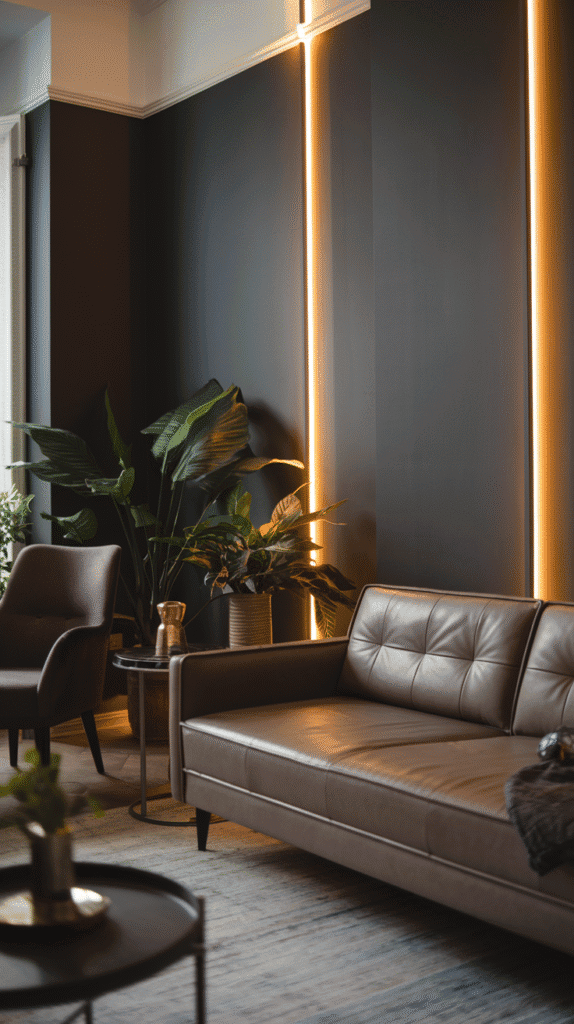 Deep neutral wall colors in moody neutral living room