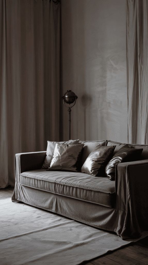 Tone-on-tone layering in moody neutral living room design