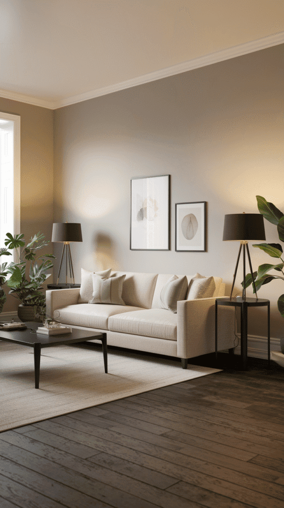 Black accent decor in moody neutral living room
