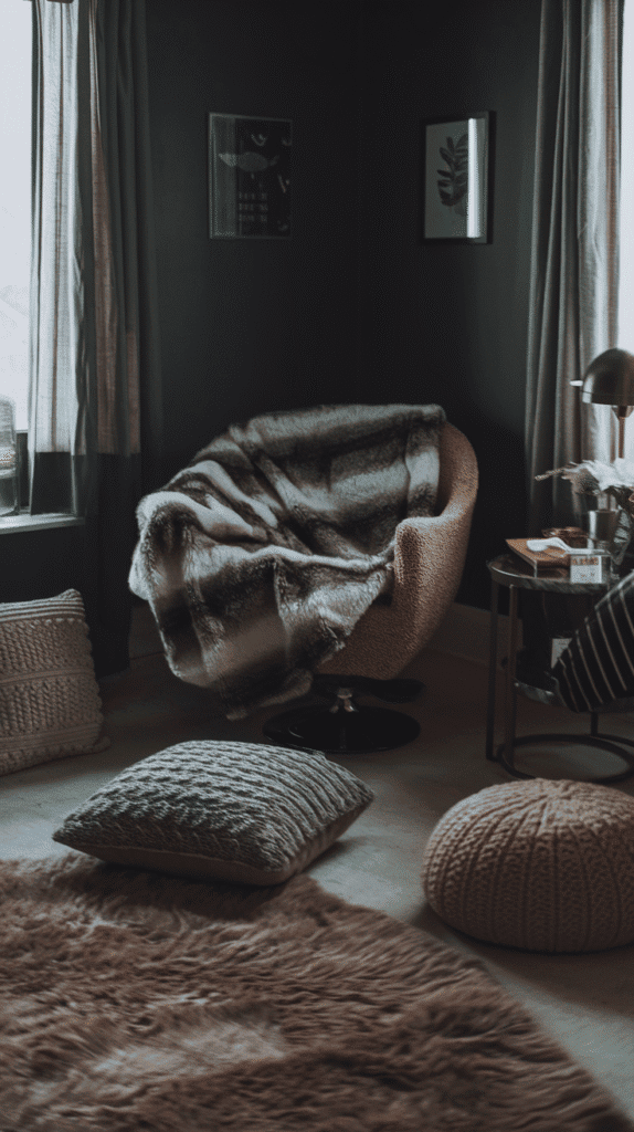 Cozy texture layering in moody neutral living room