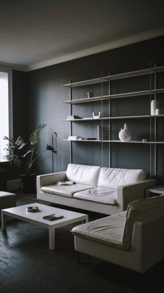 Negative space in minimalist moody neutral living room