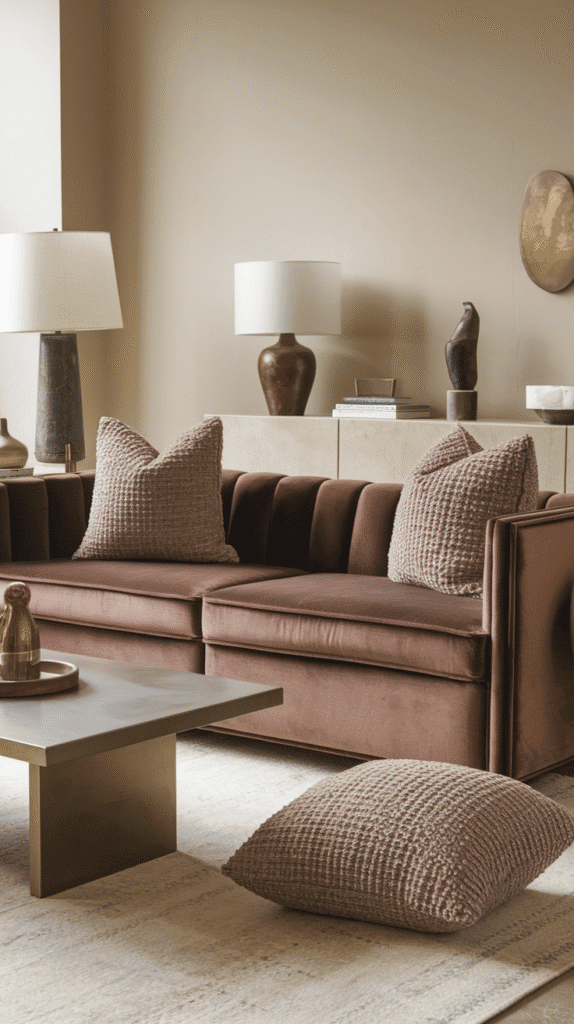 Textured furniture in moody neutral living room design