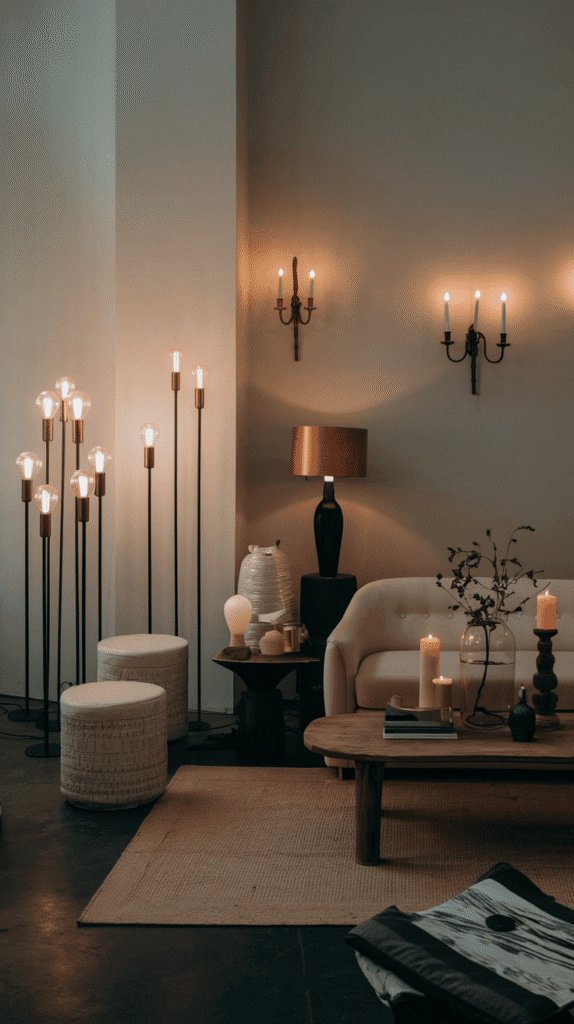 Layered lighting in a moody neutral living room