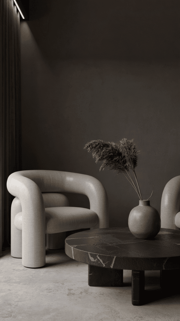 Statement furniture in a moody neutral living room