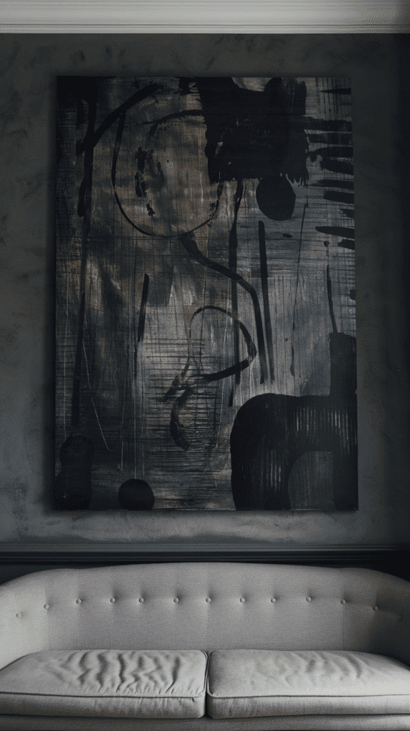 Oversized wall art in moody neutral living room decor