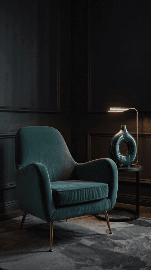 Matte and glossy finishes in a moody neutral living room
