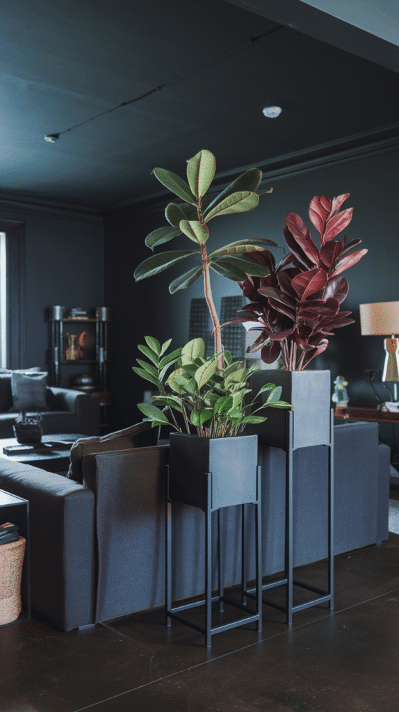 Moody indoor plants in moody neutral living room decor