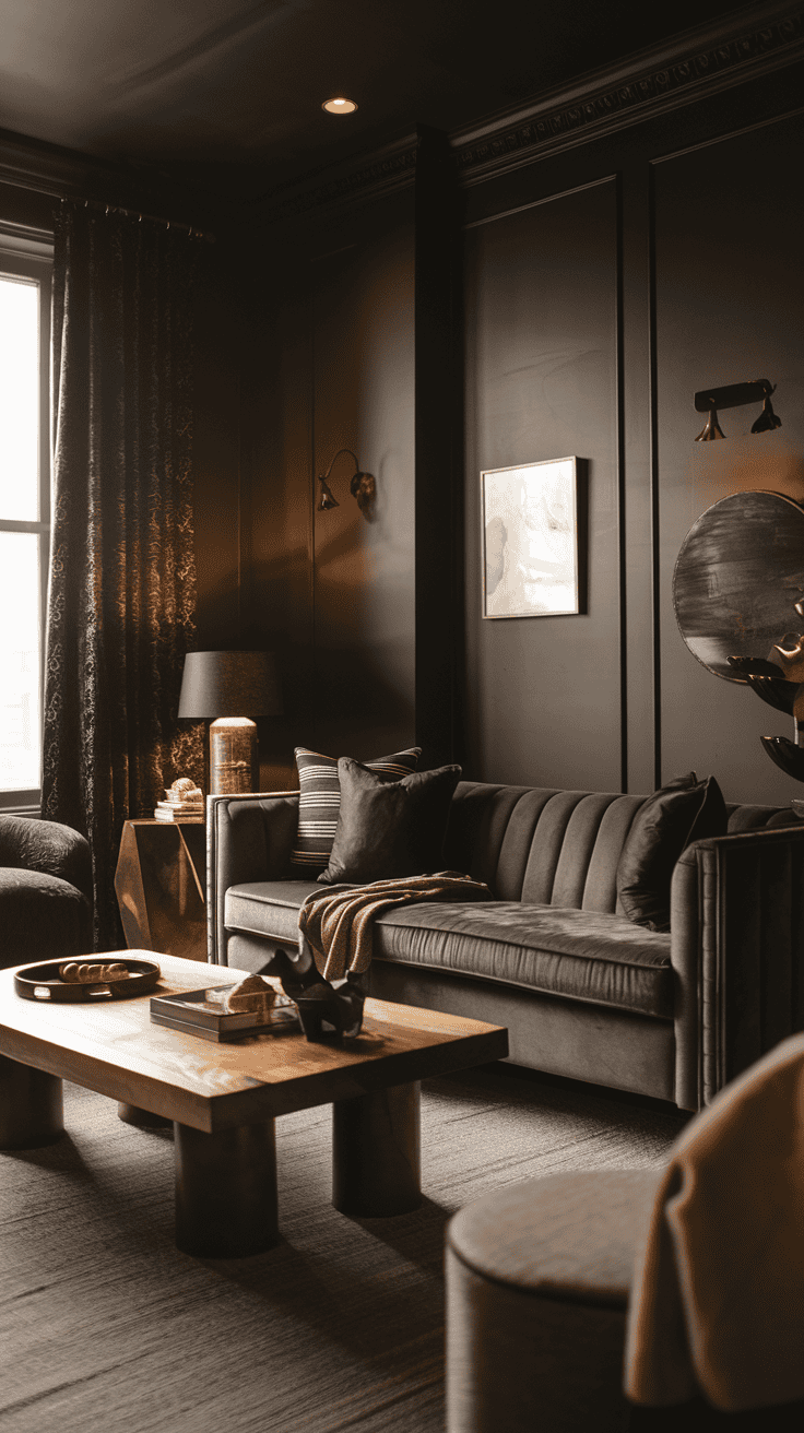 Moody neutral living room with dark tones and cozy textures