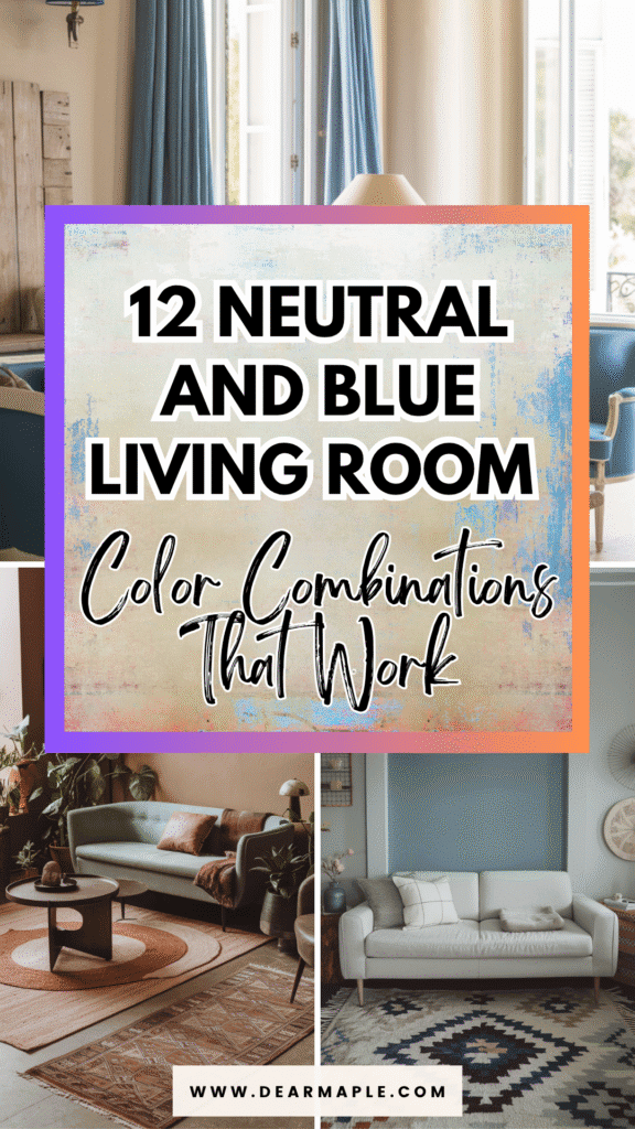 Pinterest pin of neutral and blue living room