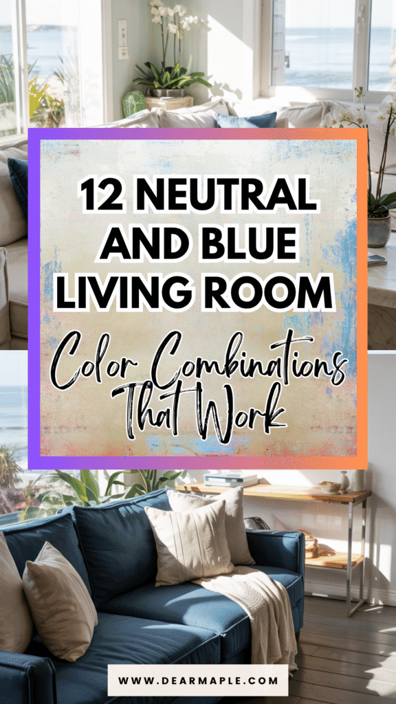 Pinterest pin of neutral and blue living room