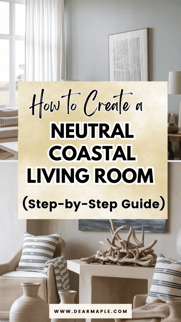 Pinterest pin of neutral coastal living room