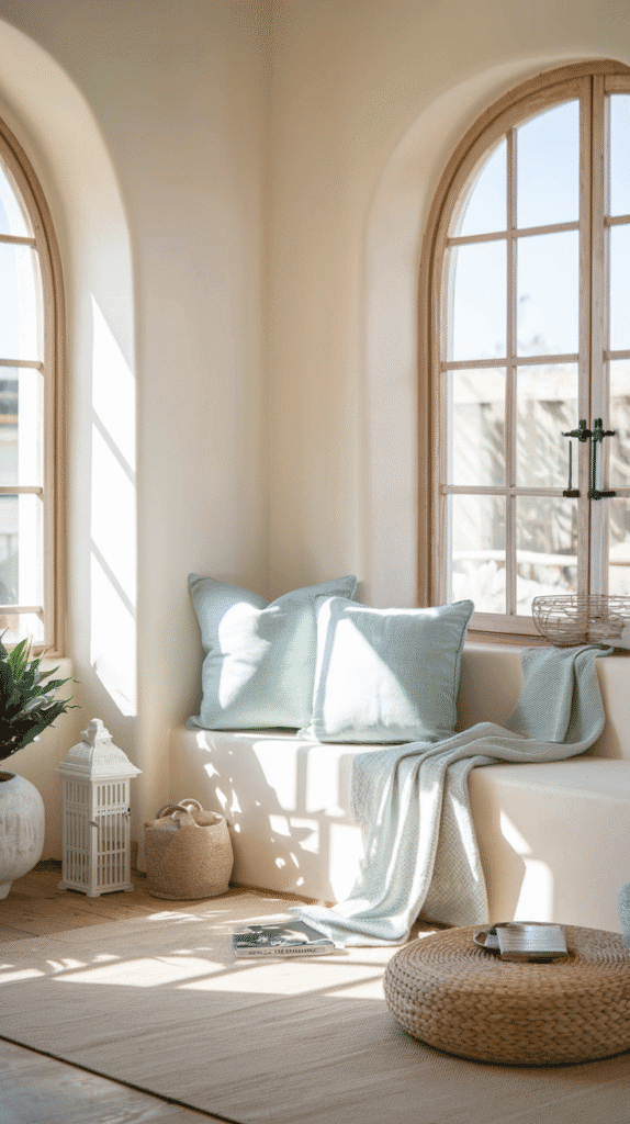 Neutral coastal living room with soft calming color palette