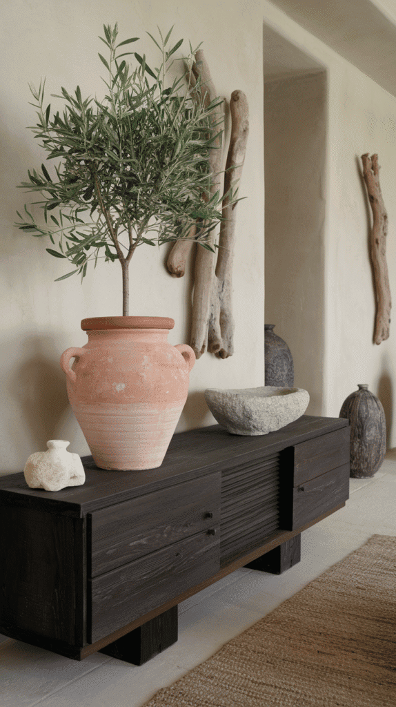 Organic decor elements in neutral coastal living room