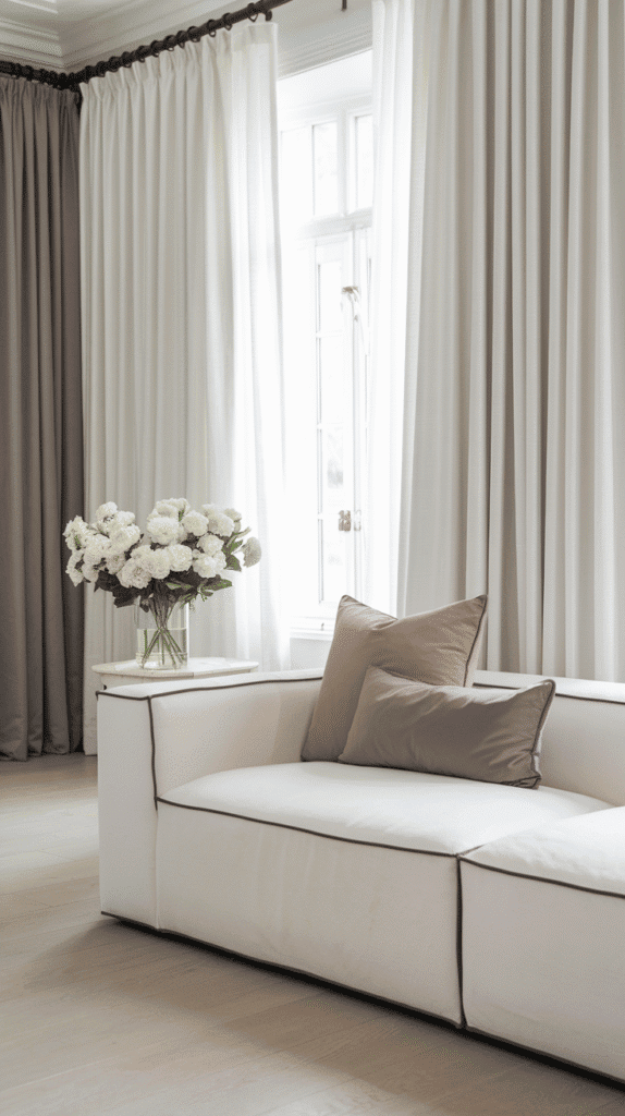 Subtle neutral contrast in coastal monochrome living room