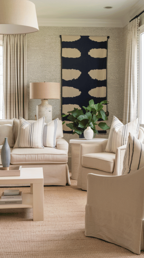 Coastal patterns in soft neutral coastal living room