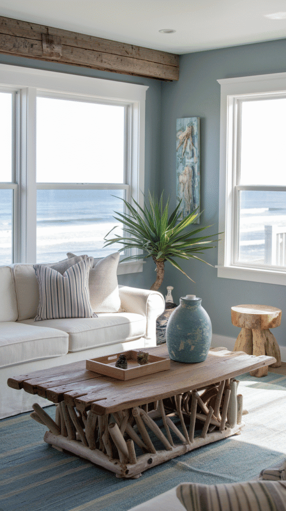 Weathered wood accents in neutral coastal living room