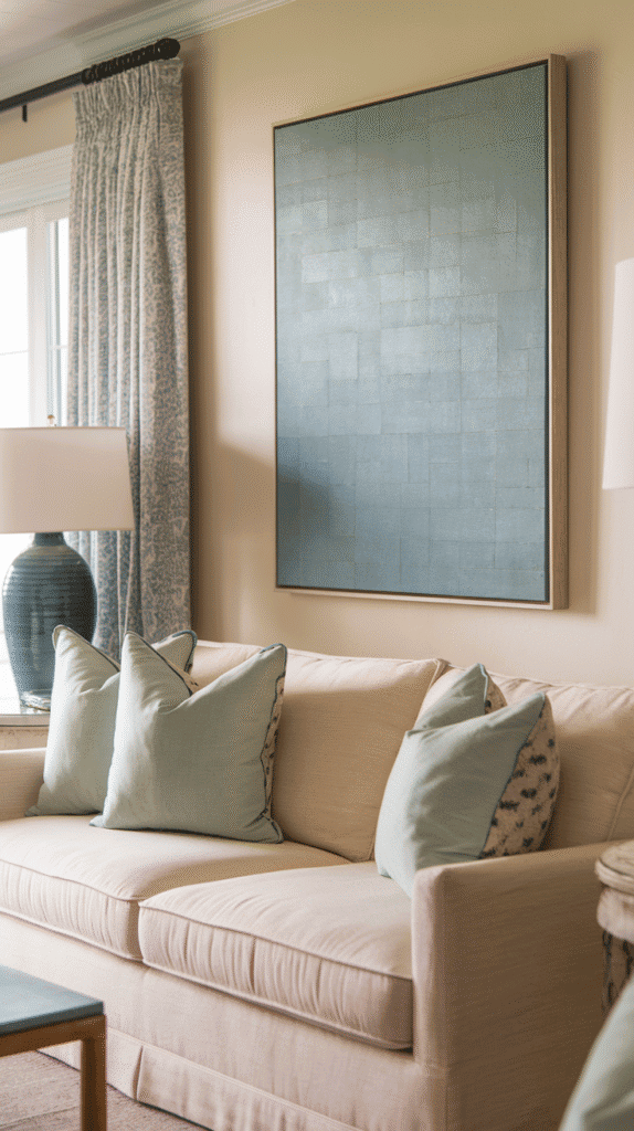 Blue-green accent decor in neutral coastal living room