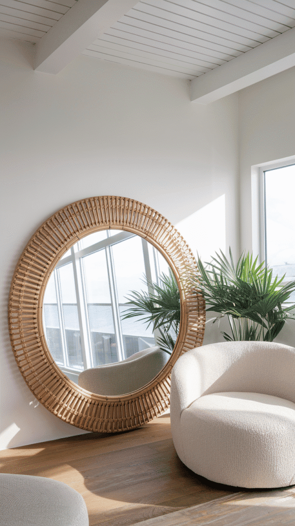 Mirror reflecting light in neutral coastal living room design