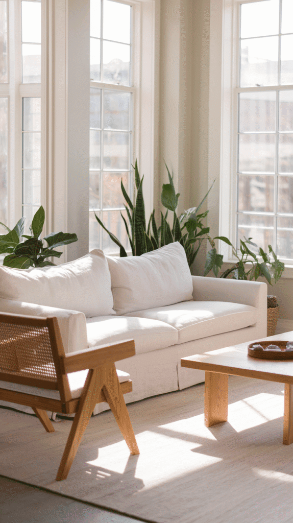 Airy furniture setup in a neutral coastal living room